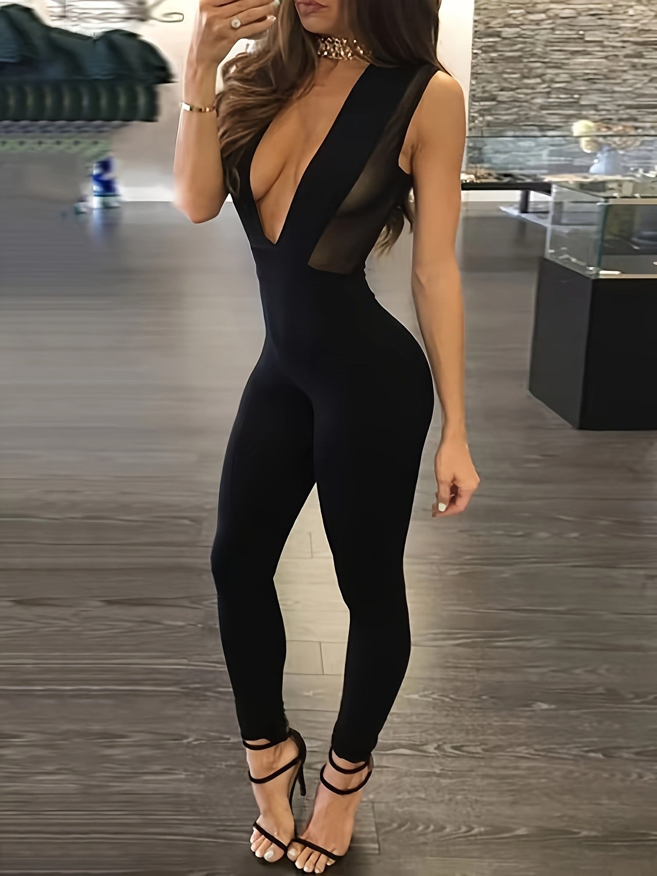 Women'S Sexy Deep V-Neck Bodysuit with Mesh Detail - Black Polyester, Bodycon Style, Perfect for Spring/Summer Events, Adult Fashion, Bodycon Jumpsuit | Sexy Vneck Jumpsuit | Polyester Bodysuit